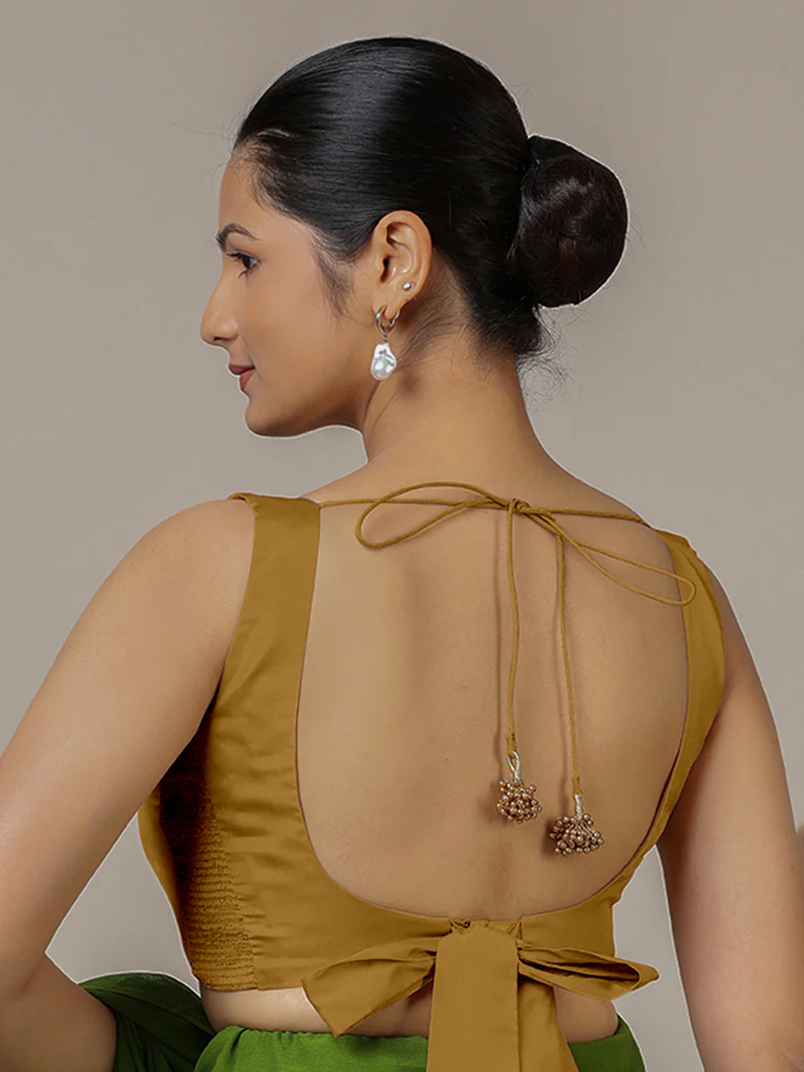 Raisa x Rozaana | Bronze Gold Sleeveless FlexiFit™ Saree Blouse with Simple V Neckline and Back Cut-out with Tie-Up - Image 2