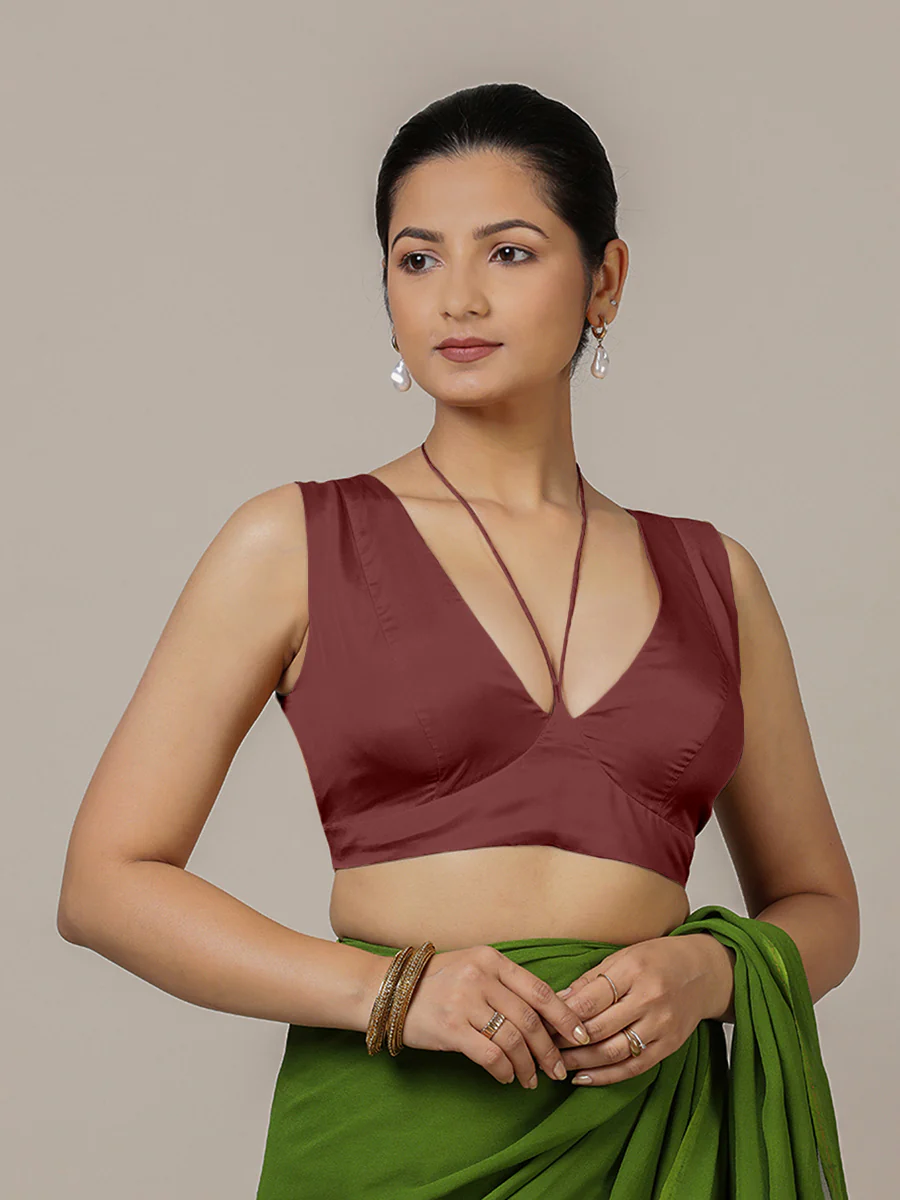 Ahana x Rozaana | Burgundy Sleeveless FlexiFit™ Saree Blouse with Plunging Neckline and Back Cut Out with Tie-up - Image 6