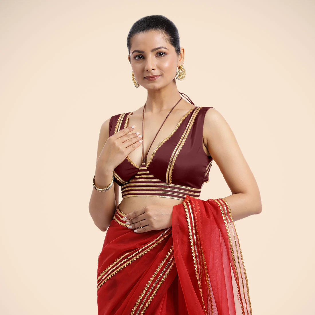 Ahana x Tyohaar | Burgundy Sleeveless FlexiFit™ Saree Blouse with Plunging Neckline and Back Cut Out with Tasteful Golden Gota Lace Embellishment - Image 5
