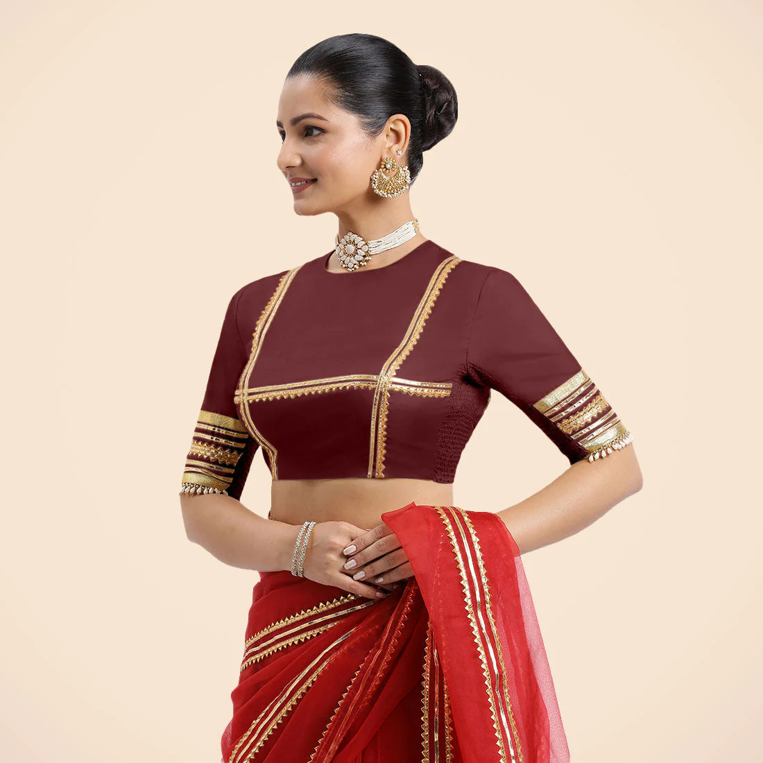 Farheen x Tyohaar | Burgundy Embellished Elbow Sleeves FlexiFit™ Saree Blouse with Zero Neck with Back Cut-Out and Golden Gota Embellishment - Image 10