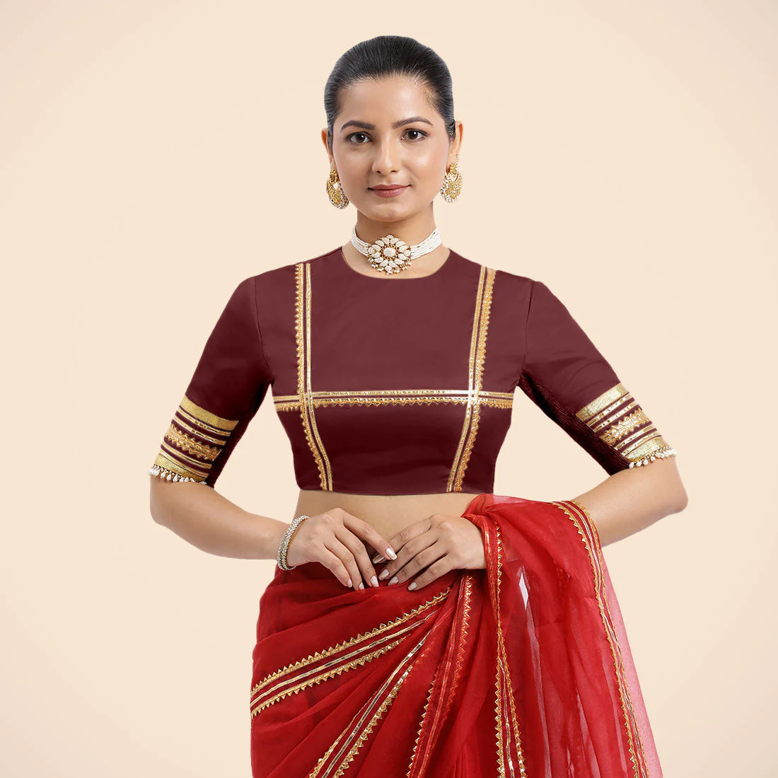 Farheen x Tyohaar | Burgundy Embellished Elbow Sleeves FlexiFit™ Saree Blouse with Zero Neck with Back Cut-Out and Golden Gota Embellishment - Image 6