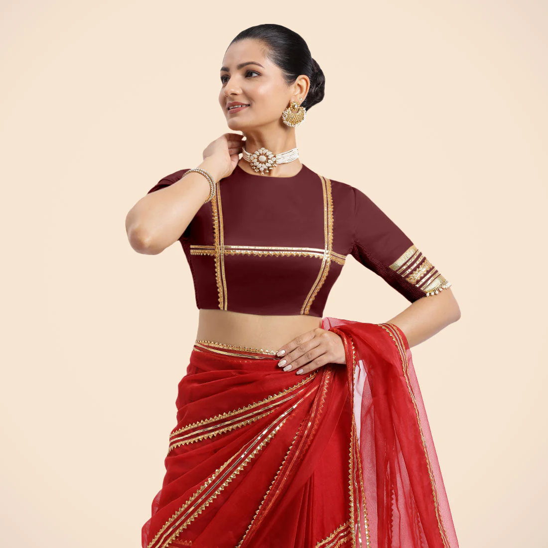Farheen x Tyohaar | Burgundy Embellished Elbow Sleeves FlexiFit™ Saree Blouse with Zero Neck with Back Cut-Out and Golden Gota Embellishment - Image 8