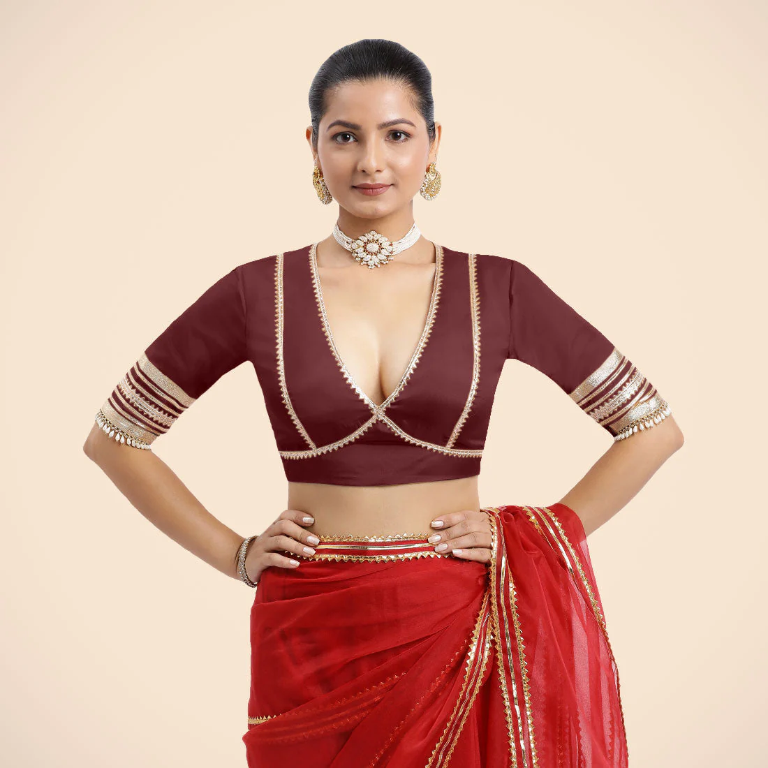 Nafeeza x Tyohaar | Burgundy Embellished Elbow Sleeves FlexiFit™ Saree Blouse with Plunging V Neckline with Tasteful Golden Gota Lace - Image 13