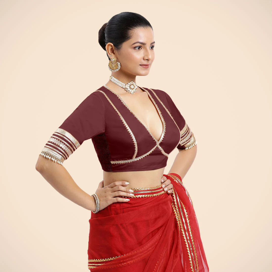 Nafeeza x Tyohaar | Burgundy Embellished Elbow Sleeves FlexiFit™ Saree Blouse with Plunging V Neckline with Tasteful Golden Gota Lace - Image 14