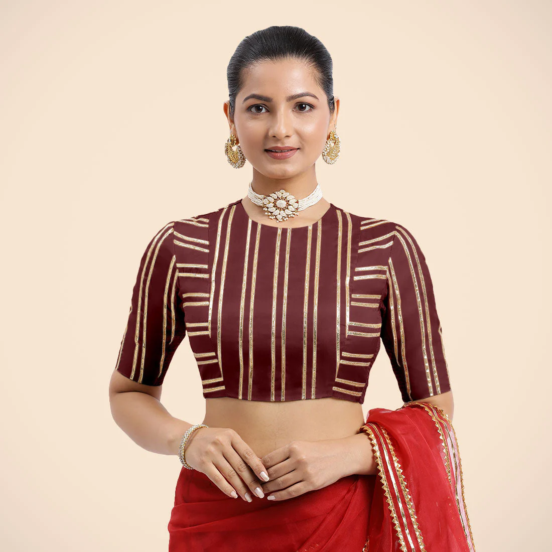 Shaheen x Tyohaar | Burgundy Elbow Sleeves FlexiFit™ Saree Blouse with Zero Neck with Back Cut-Out and Golden Gota Embellishment