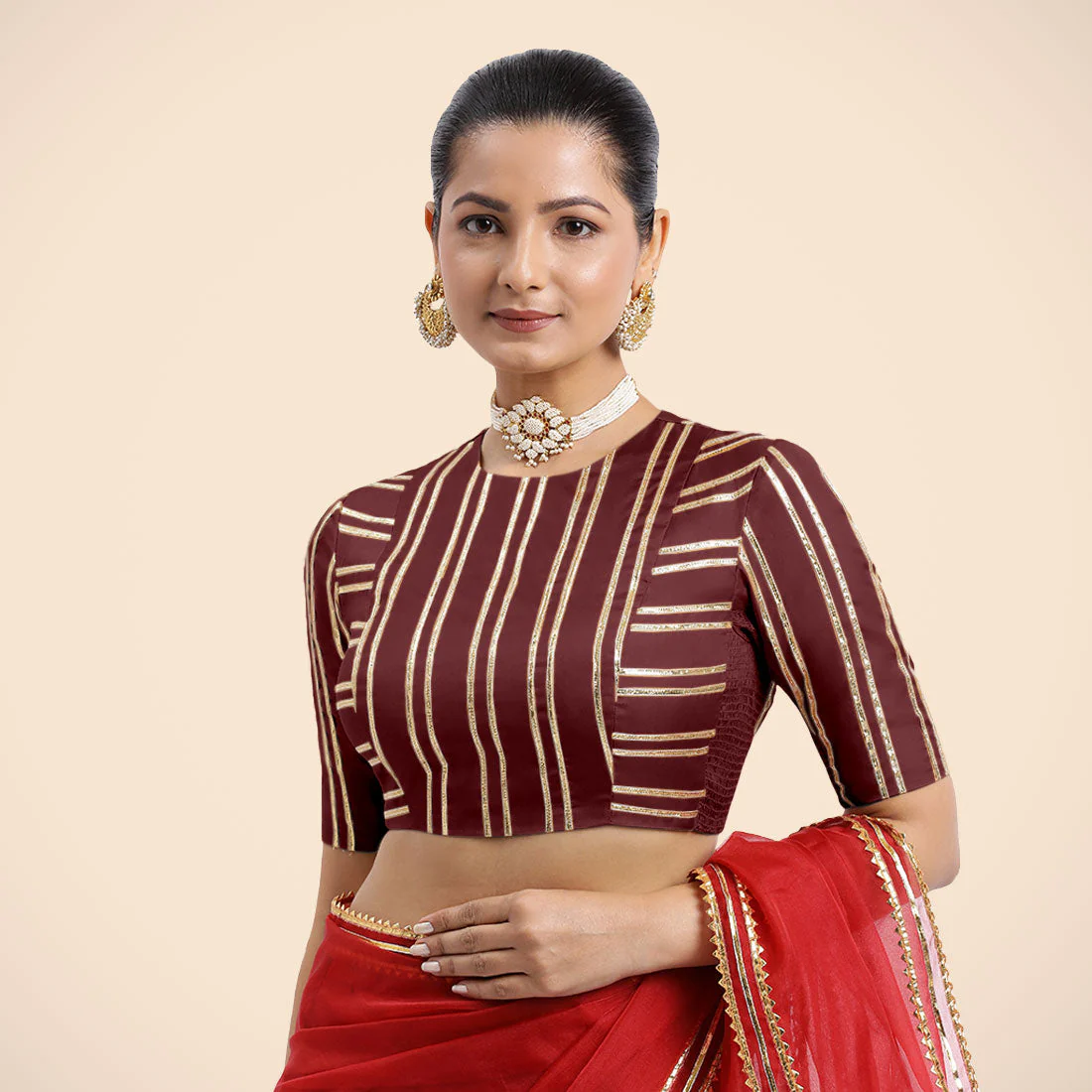 Shaheen x Tyohaar | Burgundy Elbow Sleeves FlexiFit™ Saree Blouse with Zero Neck with Back Cut-Out and Golden Gota Embellishment - Image 10