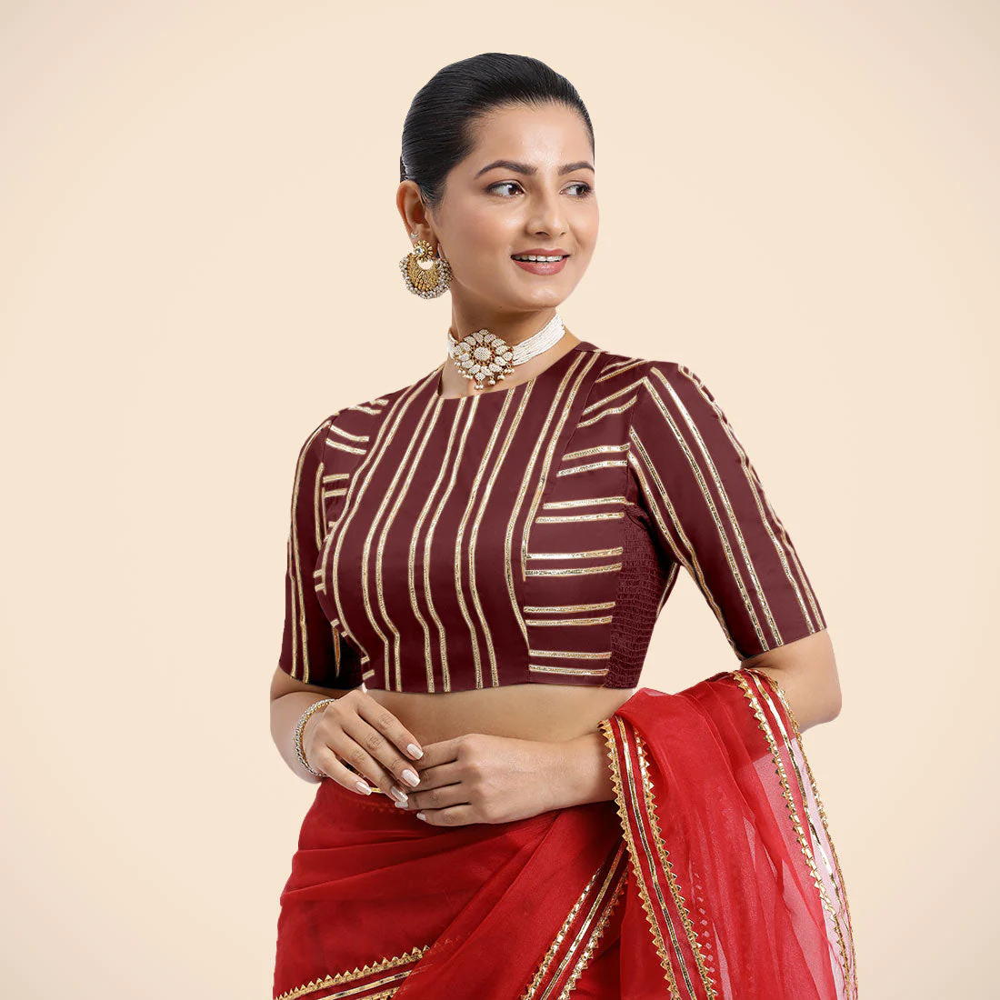 Shaheen x Tyohaar | Burgundy Elbow Sleeves FlexiFit™ Saree Blouse with Zero Neck with Back Cut-Out and Golden Gota Embellishment - Image 11