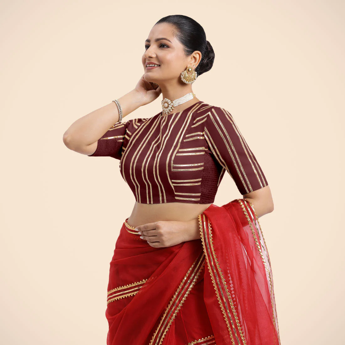 Shaheen x Tyohaar | Burgundy Elbow Sleeves FlexiFit™ Saree Blouse with Zero Neck with Back Cut-Out and Golden Gota Embellishment - Image 3