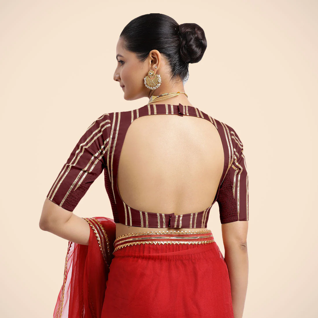 Shaheen x Tyohaar | Burgundy Elbow Sleeves FlexiFit™ Saree Blouse with Zero Neck with Back Cut-Out and Golden Gota Embellishment - Image 4