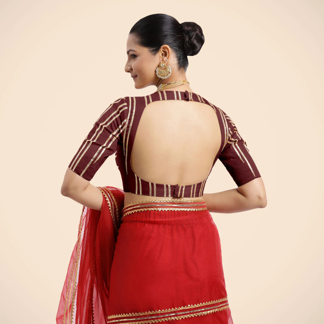 Shaheen x Tyohaar | Burgundy Elbow Sleeves FlexiFit™ Saree Blouse with Zero Neck with Back Cut-Out and Golden Gota Embellishment - Image 5