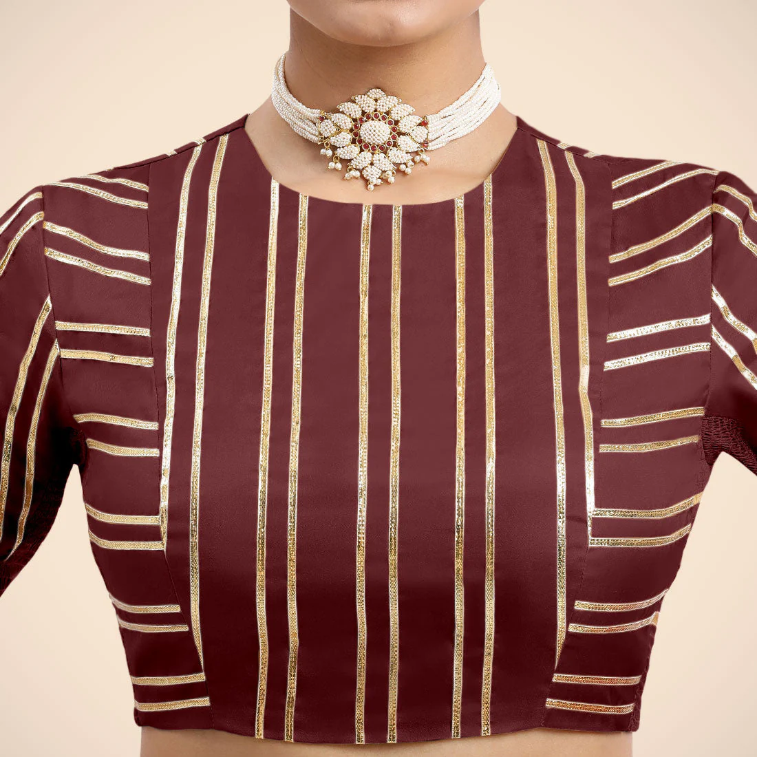Shaheen x Tyohaar | Burgundy Elbow Sleeves FlexiFit™ Saree Blouse with Zero Neck with Back Cut-Out and Golden Gota Embellishment - Image 6