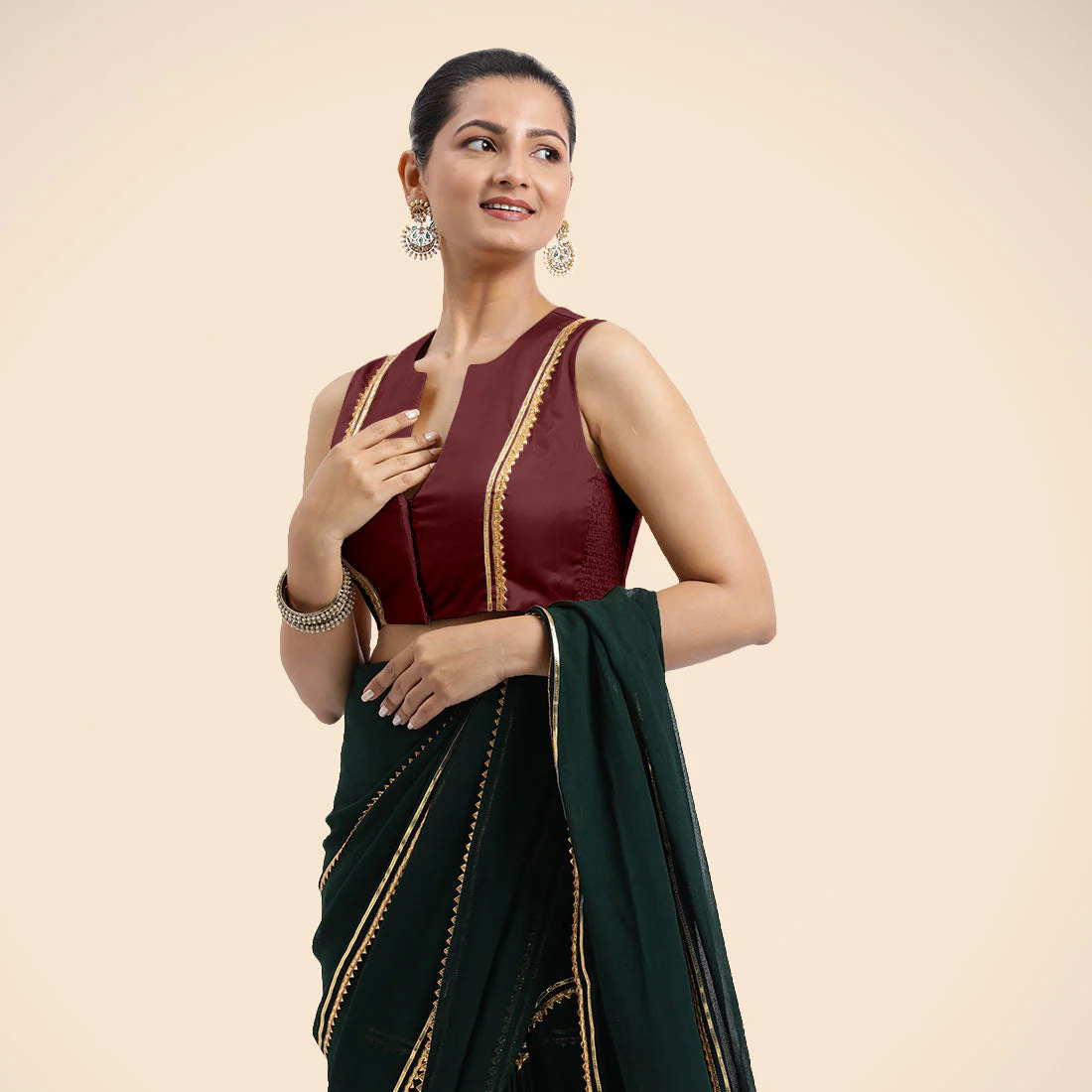 Veena x Tyohaar | Burgundy Sleeveless FlexiFit™ Saree Blouse with Front Open Closed Neckline with Slit and Golden Gota Lace - Image 5