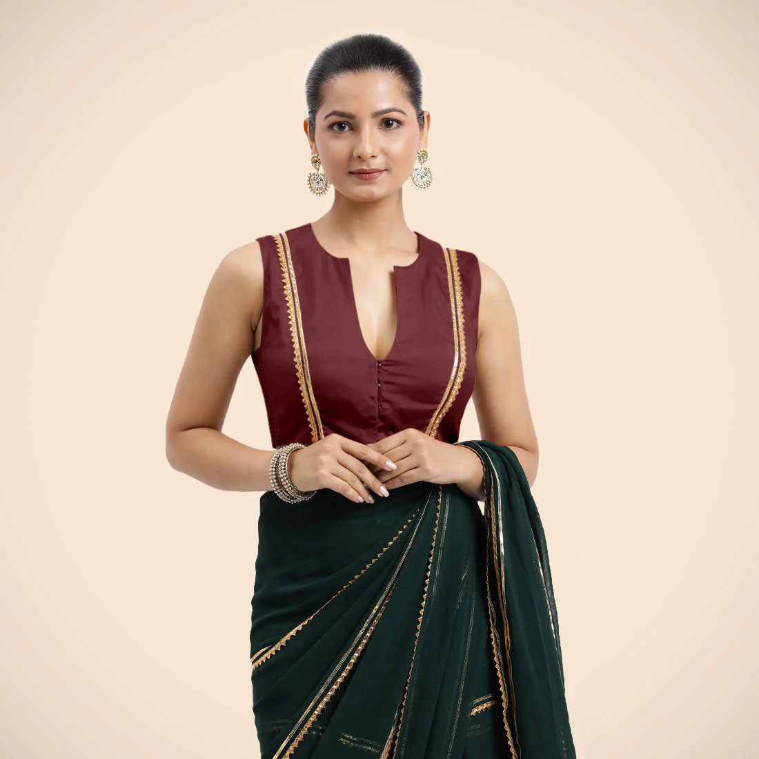 Veena x Tyohaar | Burgundy Sleeveless FlexiFit™ Saree Blouse with Front Open Closed Neckline with Slit and Golden Gota Lace - Image 6
