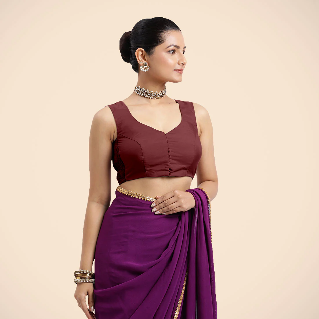 Nazia x Rozaana | Burgundy Sleeveless FlexiFit™ Saree Blouse with Front Open Curved V Neckline with Deep Back and Dori - Image 10