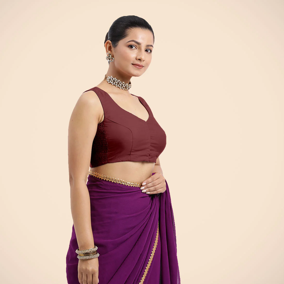 Nazia x Rozaana | Burgundy Sleeveless FlexiFit™ Saree Blouse with Front Open Curved V Neckline with Deep Back and Dori - Image 11
