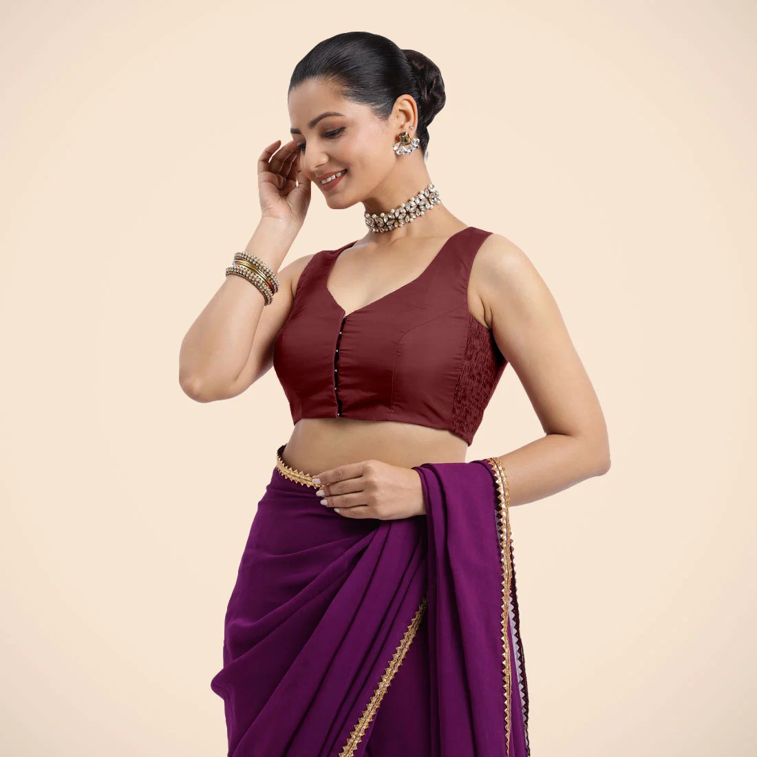 Nazia x Rozaana | Burgundy Sleeveless FlexiFit™ Saree Blouse with Front Open Curved V Neckline with Deep Back and Dori - Image 3