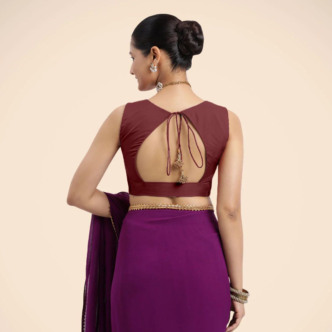 Nazia x Rozaana | Burgundy Sleeveless FlexiFit™ Saree Blouse with Front Open Curved V Neckline with Deep Back and Dori - Image 5
