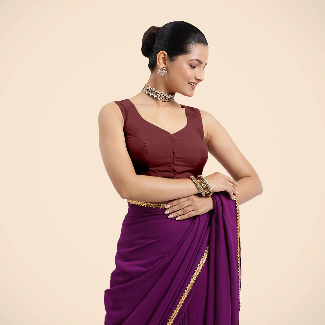 Nazia x Rozaana | Burgundy Sleeveless FlexiFit™ Saree Blouse with Front Open Curved V Neckline with Deep Back and Dori - Image 8