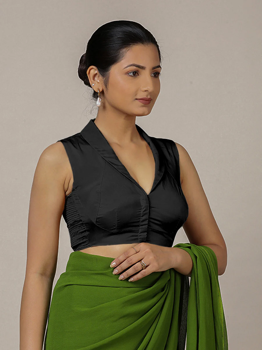 Avni x Rozaana | Charcoal Black Sleeveless FlexiFit™ Saree Blouse with Elegant Shawl Collar - Image 8