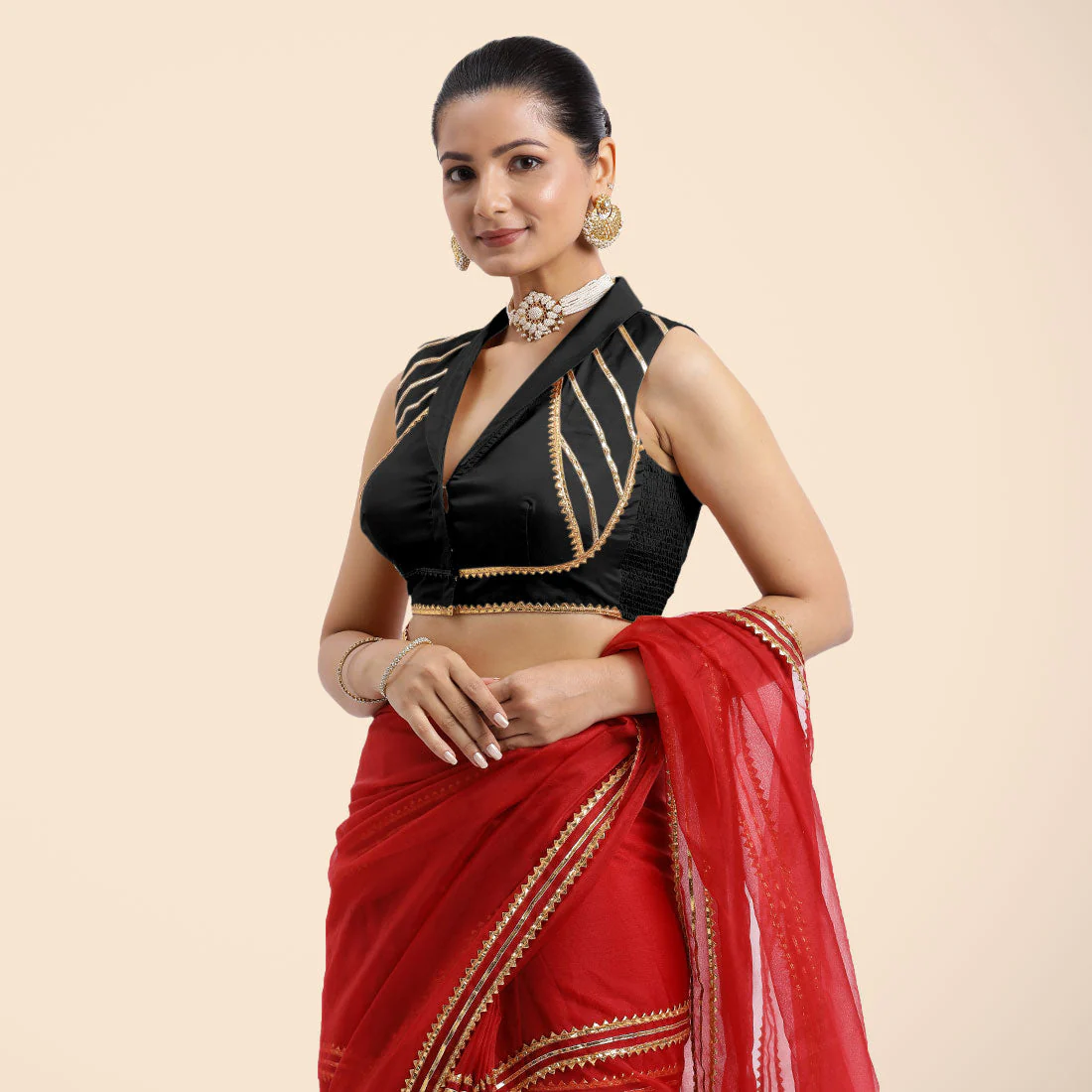 Avni x Tyohaar | Charcoal Black Sleeveless FlexiFit™ Saree Blouse with Elegant Shawl Collar with Golden Gota Lace Embellishment - Image 6