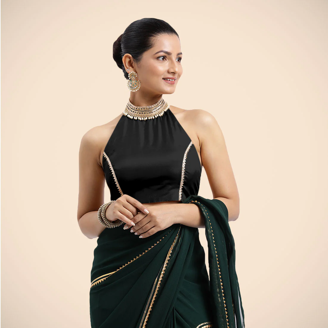 Laila x Tyohaar | Charcoal Black Halterneck FlexiFit™ Saree Blouse with Heavy Golden Gota and Pearl Embellishments - Image 6