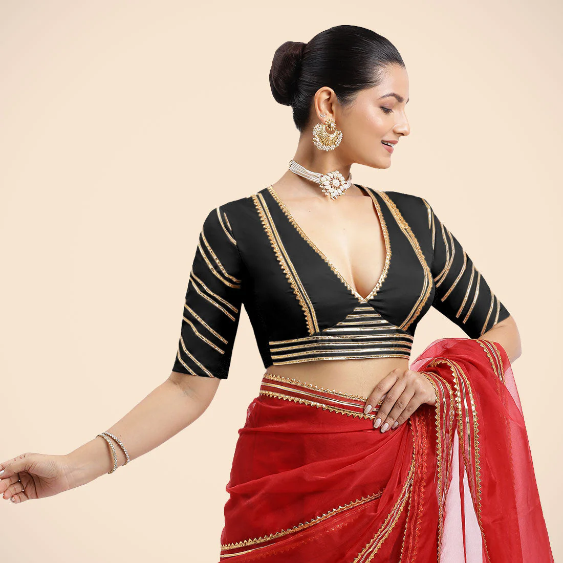 Navya x Tyohaar | Charcoal Black Elbow Sleeves FlexiFit™ Saree Blouse with Plunging V Neckline with Tasteful Golden Gota Lace - Image 10