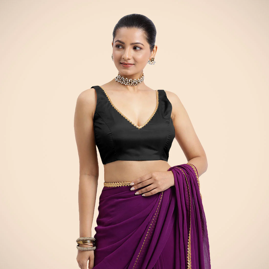Raisa x Tyohaar | Charcoal Black Sleeveless FlexiFit™ Saree Blouse with V Neckline with Golden Gota Lace Embellishment and Back Cut-out with Tie-Up - Image 5