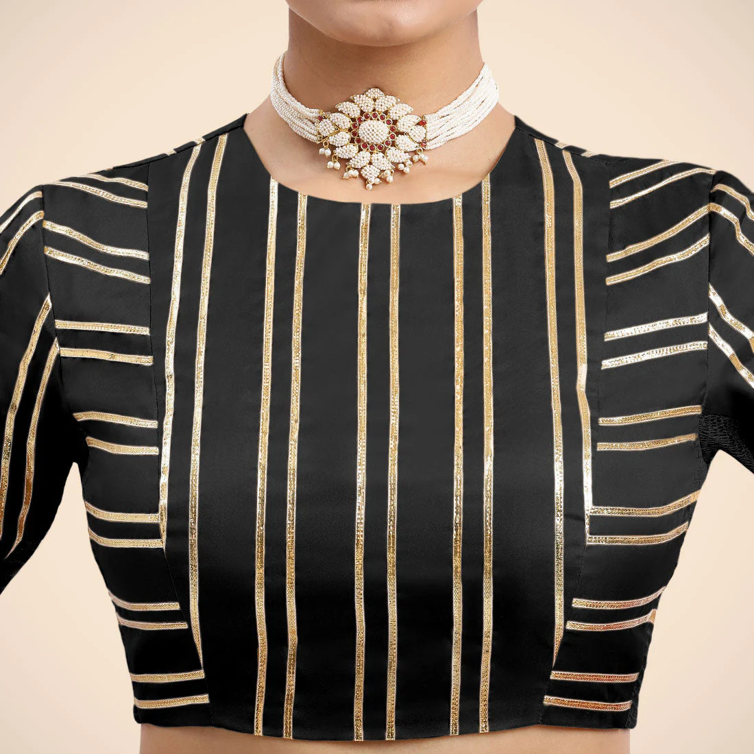Shaheen x Tyohaar | Charcoal Black Elbow Sleeves FlexiFit™ Saree Blouse with Zero Neck with Back Cut-Out and Golden Gota Embellishment - Image 10