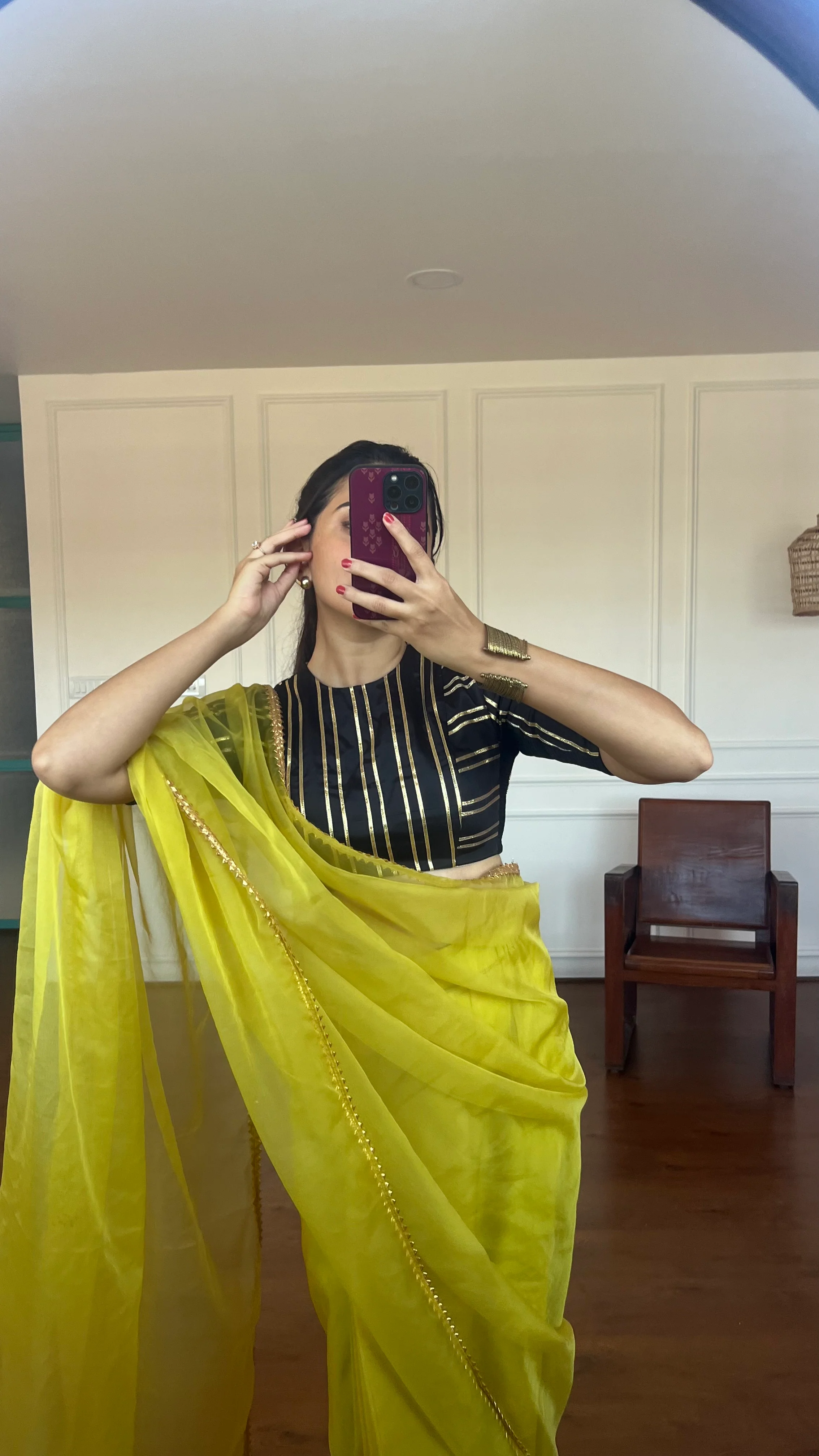 Shaheen x Tyohaar | Charcoal Black Elbow Sleeves FlexiFit™ Saree Blouse with Zero Neck with Back Cut-Out and Golden Gota Embellishment - Image 19