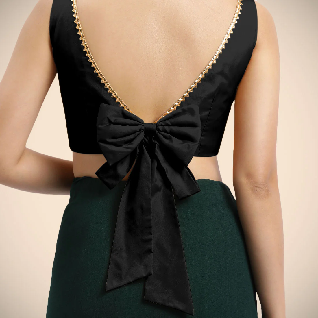Sherry x Tyohaar | Charcoal Black Sleeveless FlexiFit™ Saree Blouse with Simple Golden Gota Lace on Neckline and Removable Bow on Back - Image 2