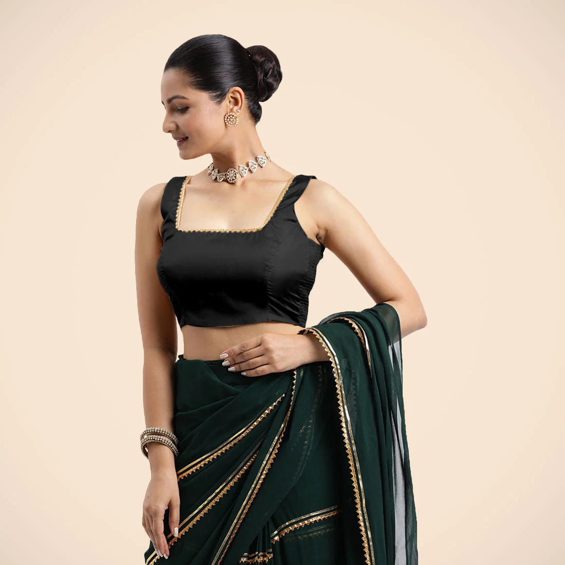 Tanvi x Tyohaar | Charcoal Black Sleeveless FlexiFit™ Saree Blouse with Square Front Neck and Deep Back with Dori and Golden Gota Embellishment - Image 2