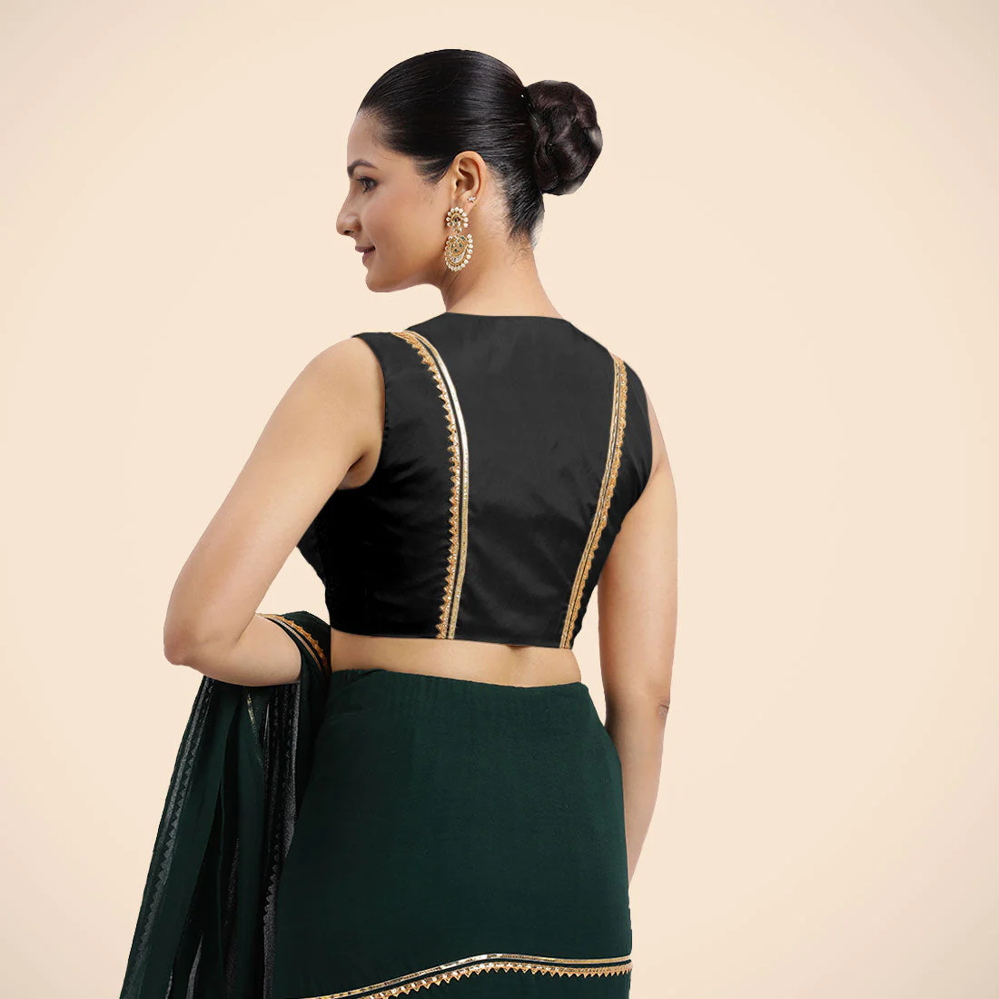 Veena x Tyohaar | Charcoal Black Sleeveless FlexiFit™ Saree Blouse with Front Open Closed Neckline with Slit and Golden Gota Lace - Image 2