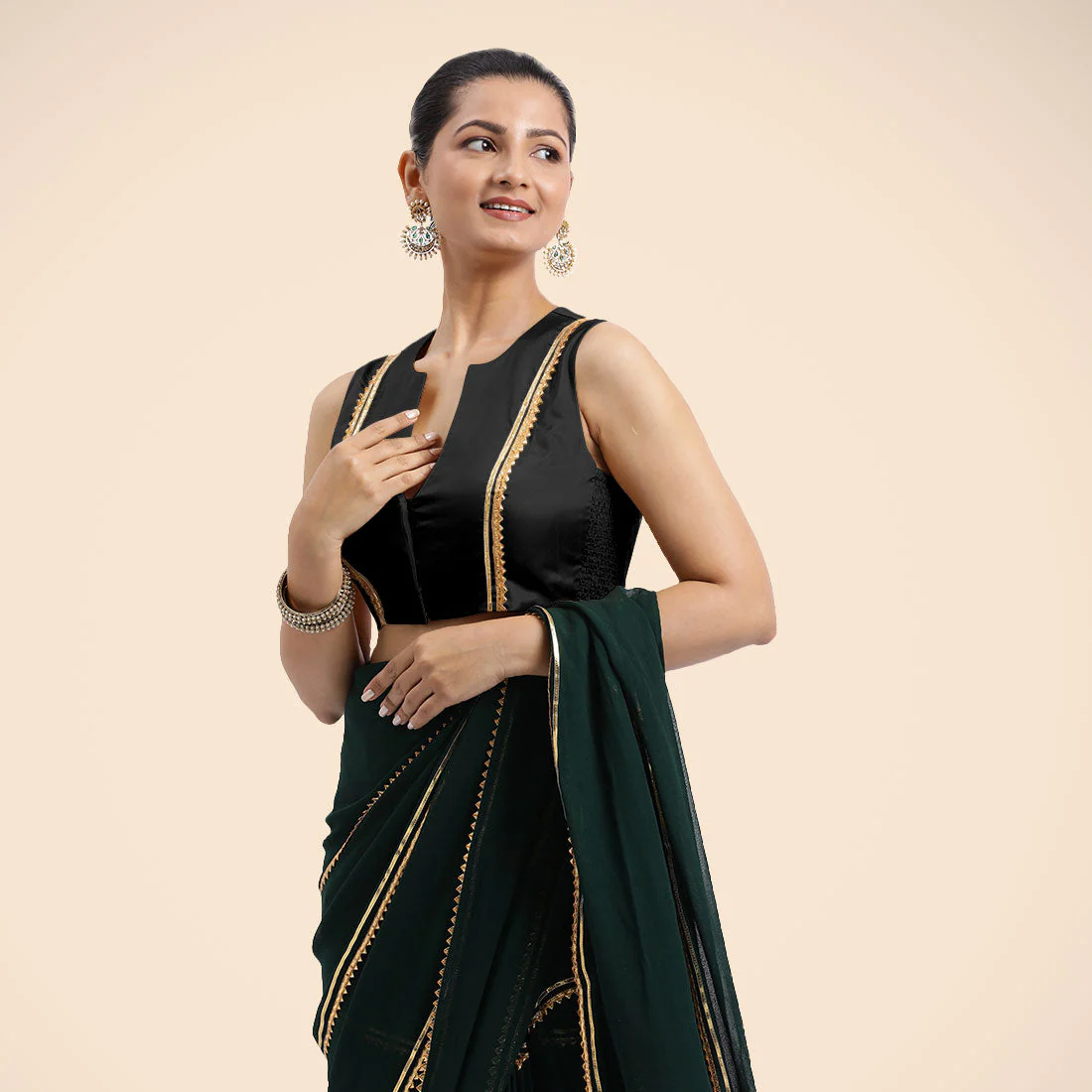 Veena x Tyohaar | Charcoal Black Sleeveless FlexiFit™ Saree Blouse with Front Open Closed Neckline with Slit and Golden Gota Lace - Image 5