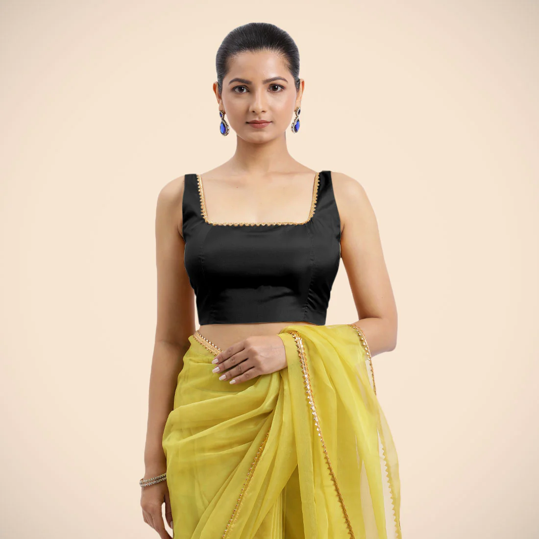 Zeba x Tyohaar | Charcoal Black Sleeveless FlexiFit™ Saree Blouse with Square Neck with Golden Gota Lace and Deep Back - Image 5