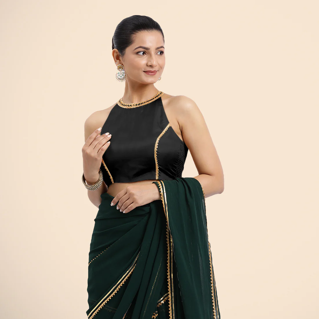 Zubeida x Tyohaar | Charcoal Black Halterneck FlexiFit™ Saree Blouse with Elegant Golden Gota Embellishment on Princess Line - Image 7