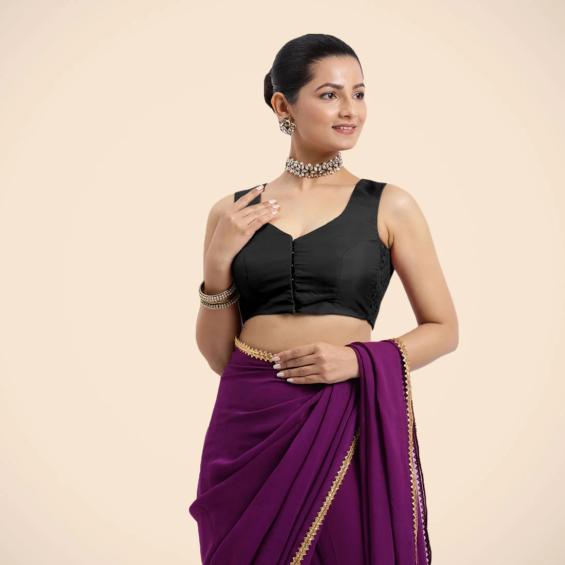 Nazia x Rozaana | Charcoal Black Sleeveless FlexiFit™ Saree Blouse with Front Open Curved V Neckline with Deep Back and Dori - Image 9