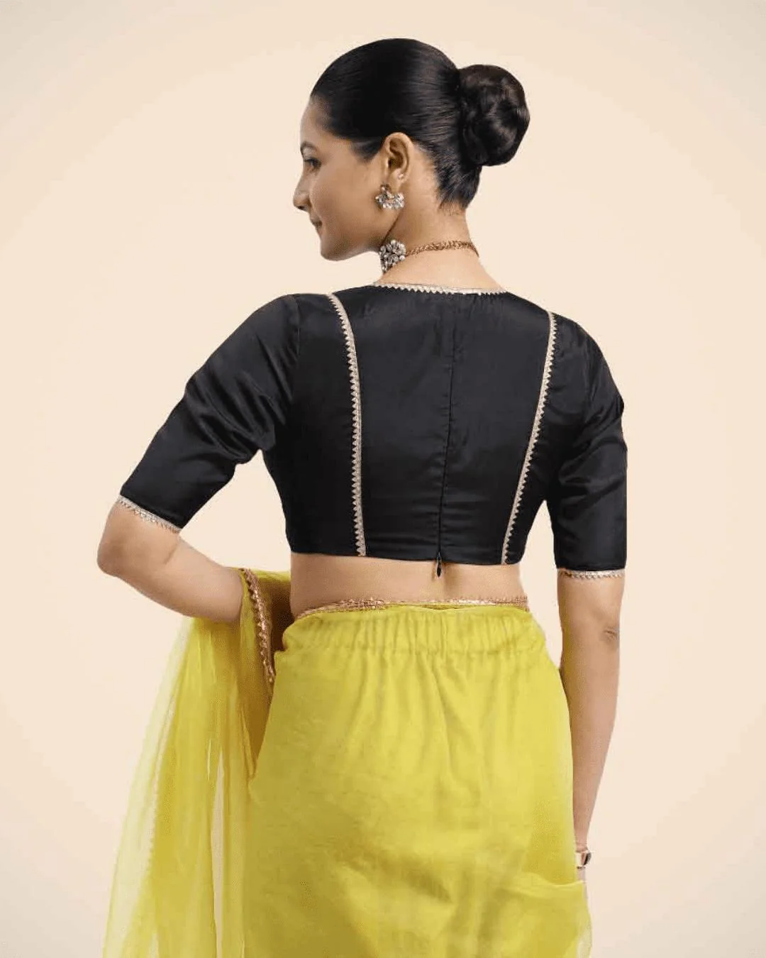 Zeenat x Tyohaar | Charcoal Black Saree Blouse w/ FlexiFit™ and Golden Gota Lace - Image 4
