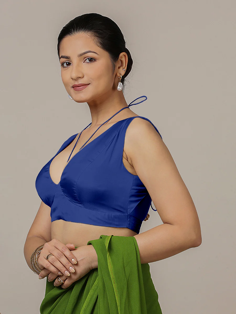 Ahana x Rozaana | Cobalt Blue Sleeveless FlexiFit™ Saree Blouse with Plunging Neckline and Back Cut Out with Tie-up - Image 3