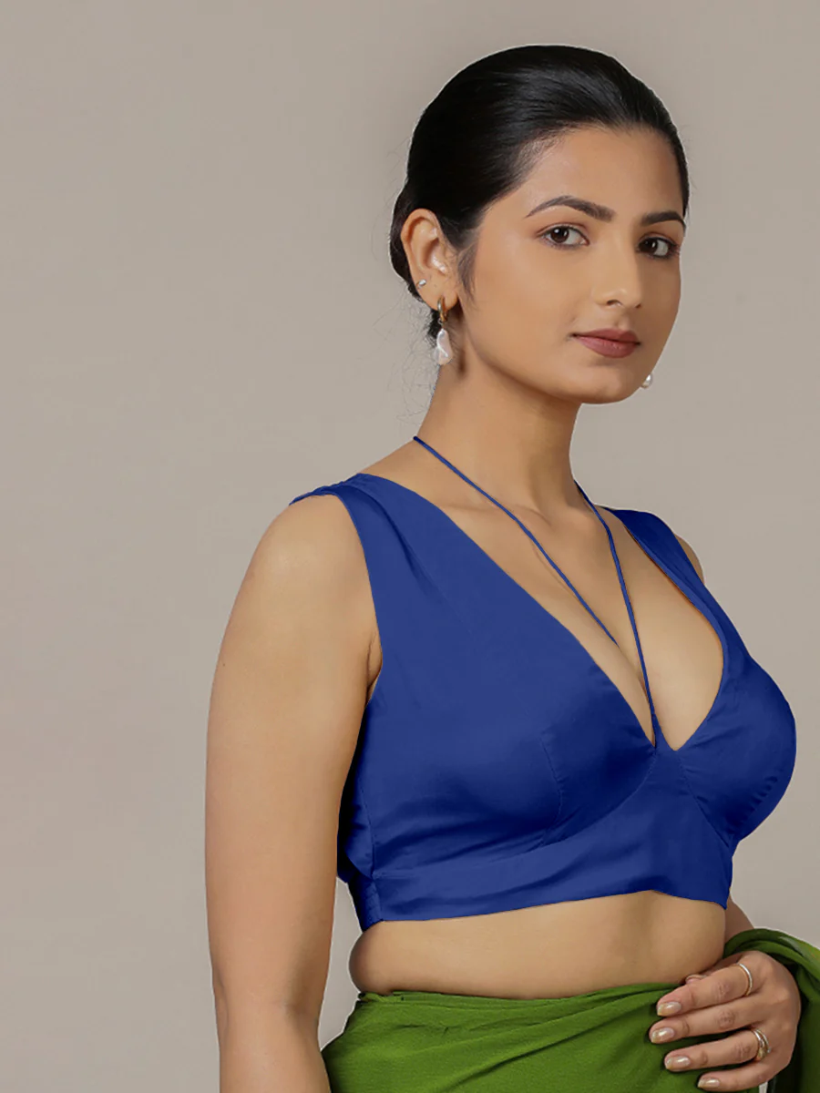 Ahana x Rozaana | Cobalt Blue Sleeveless FlexiFit™ Saree Blouse with Plunging Neckline and Back Cut Out with Tie-up - Image 4