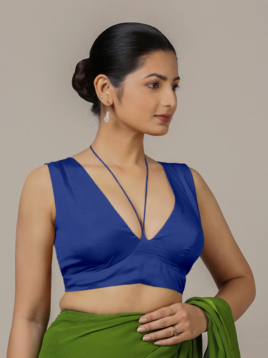Ahana x Rozaana | Cobalt Blue Sleeveless FlexiFit™ Saree Blouse with Plunging Neckline and Back Cut Out with Tie-up - Image 5