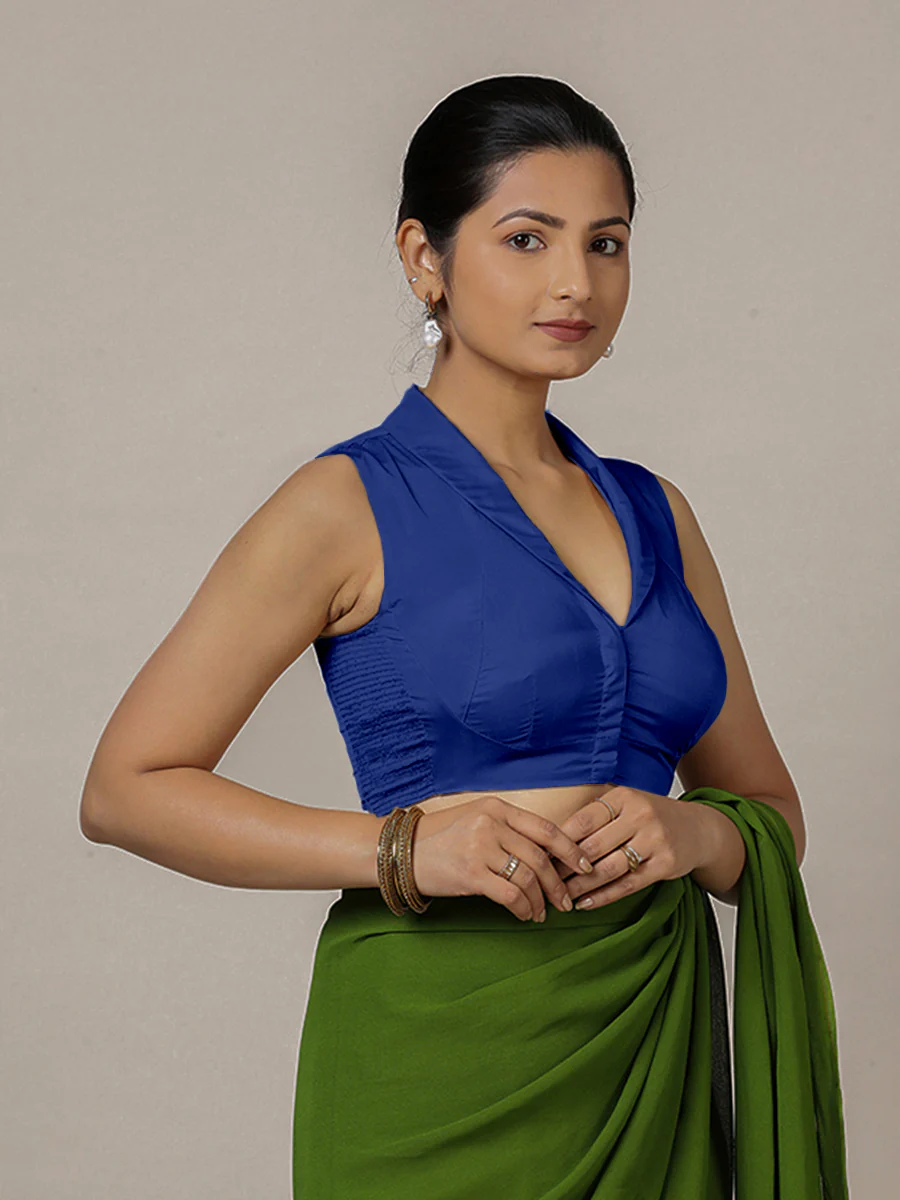 Avni x Rozaana | Cobalt Blue Sleeveless FlexiFit™ Saree Blouse with Elegant Shawl Collar - Image 7