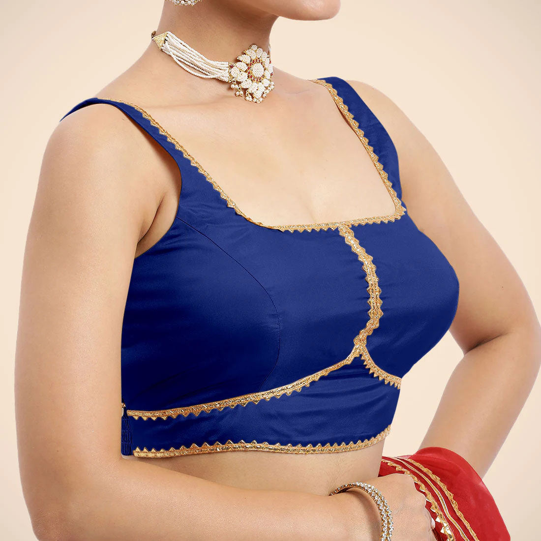 Arya x Tyohaar | Cobalt Blue Sleeveless FlexiFit™ Saree Blouse with Square Neck and Back Window Embeliished with Golden Gota and Pearl Lace - Image 5