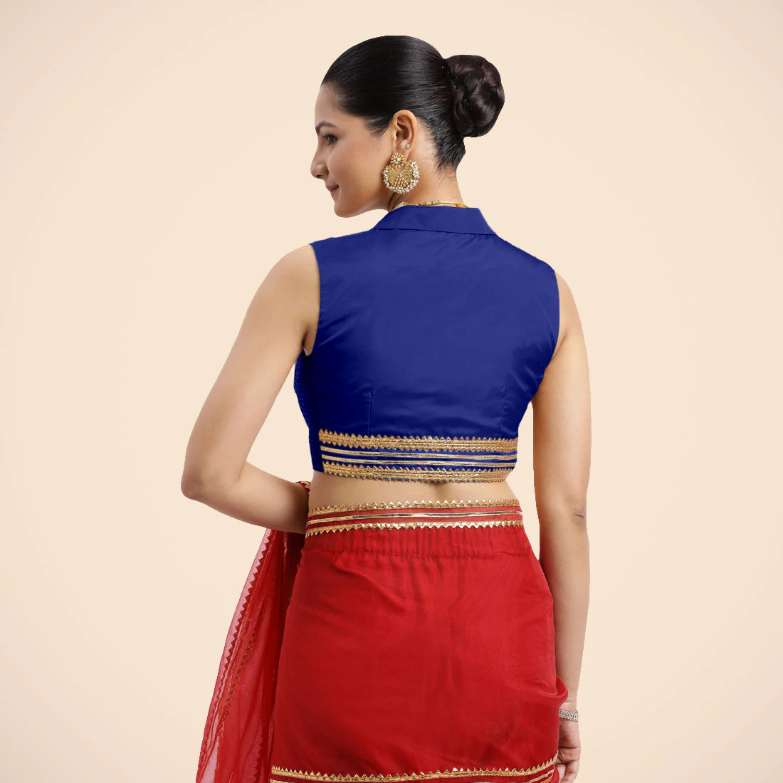 Avni x Tyohaar | Cobalt Blue Sleeveless FlexiFit™ Saree Blouse with Elegant Shawl Collar with Golden Gota Lace Embellishment - Image 2