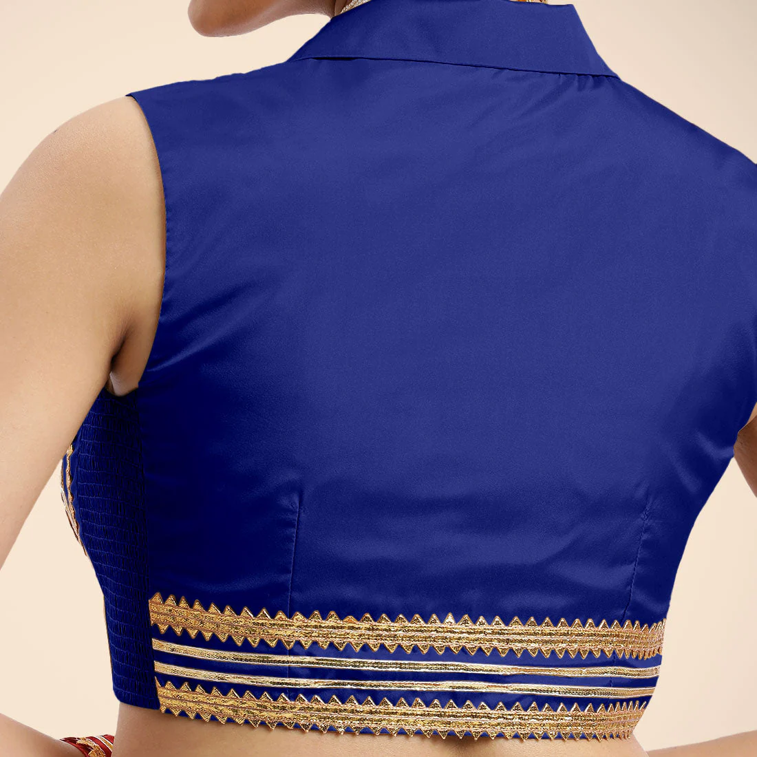 Avni x Tyohaar | Cobalt Blue Sleeveless FlexiFit™ Saree Blouse with Elegant Shawl Collar with Golden Gota Lace Embellishment - Image 3