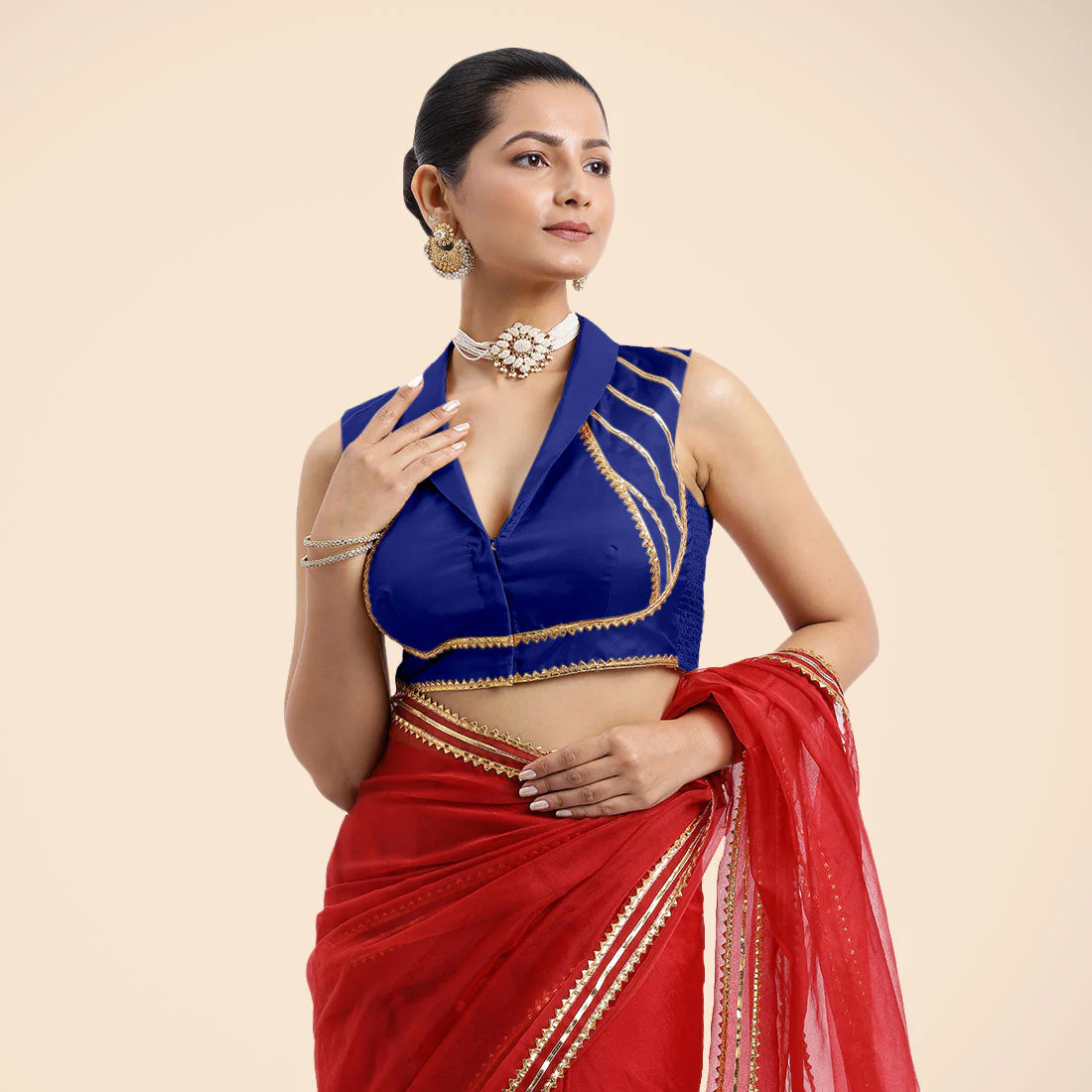 Avni x Tyohaar | Cobalt Blue Sleeveless FlexiFit™ Saree Blouse with Elegant Shawl Collar with Golden Gota Lace Embellishment - Image 5