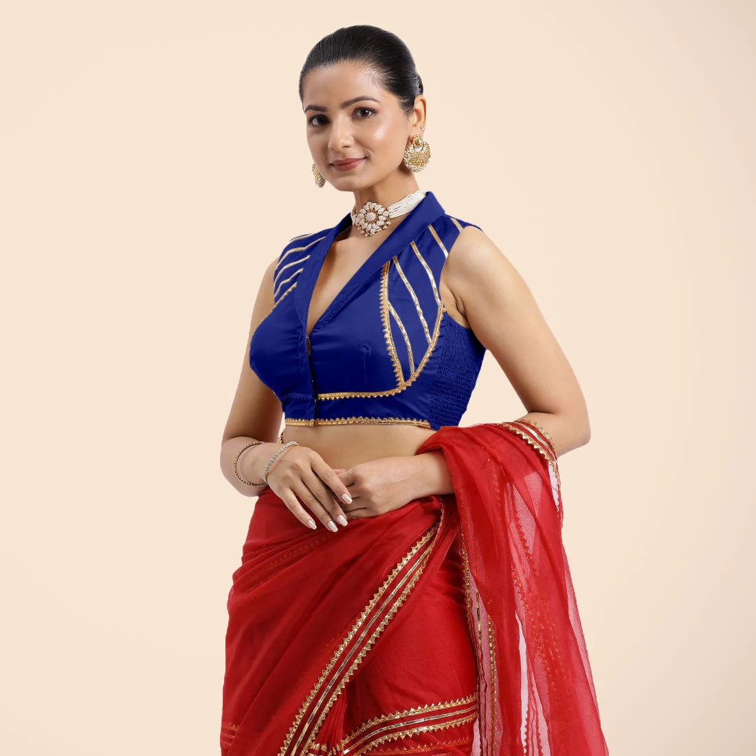 Avni x Tyohaar | Cobalt Blue Sleeveless FlexiFit™ Saree Blouse with Elegant Shawl Collar with Golden Gota Lace Embellishment - Image 6