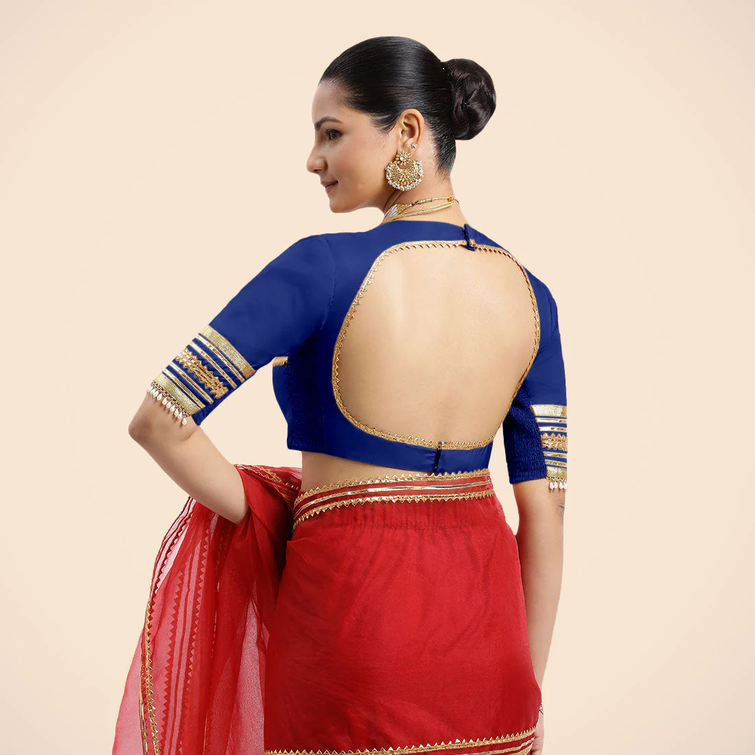 Farheen x Tyohaar | Cobalt Blue Embellished Elbow Sleeves FlexiFit™ Saree Blouse with Zero Neck with Back Cut-Out and Golden Gota Embellishment - Image 7