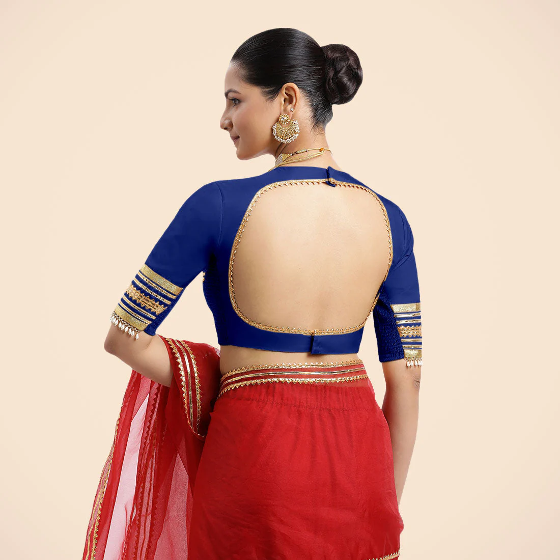 Farheen x Tyohaar | Cobalt Blue Embellished Elbow Sleeves FlexiFit™ Saree Blouse with Zero Neck with Back Cut-Out and Golden Gota Embellishment - Image 8