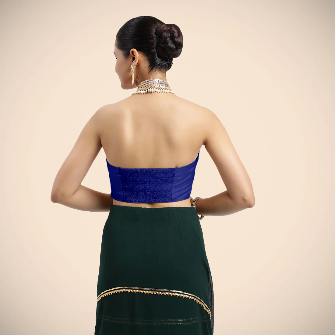 Laila x Tyohaar | Cobalt Blue Halterneck FlexiFit™ Saree Blouse with Heavy Golden Gota and Pearl Embellishments - Image 2