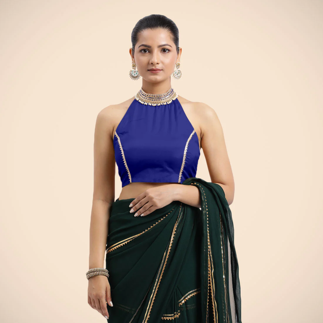 Laila x Tyohaar | Cobalt Blue Halterneck FlexiFit™ Saree Blouse with Heavy Golden Gota and Pearl Embellishments - Image 5